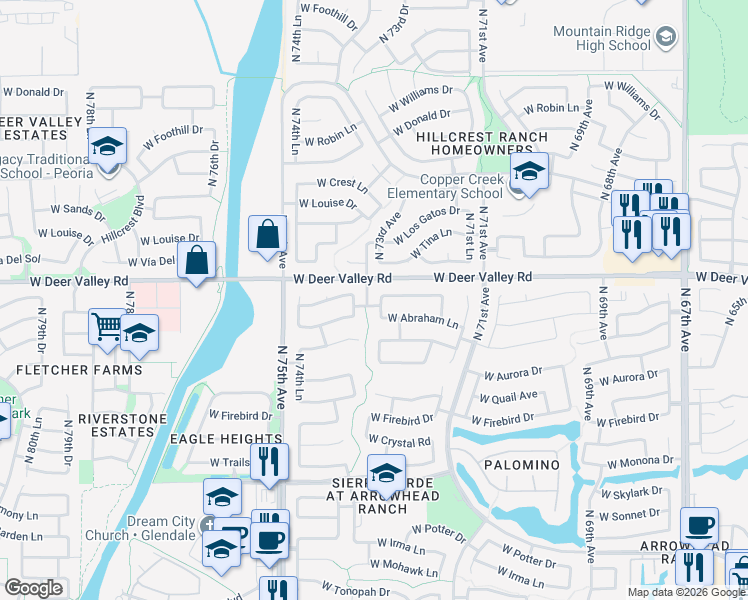 map of restaurants, bars, coffee shops, grocery stores, and more near 21704 North 73rd Avenue in Glendale