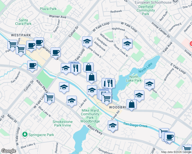 map of restaurants, bars, coffee shops, grocery stores, and more near 29 Blackswan in Irvine