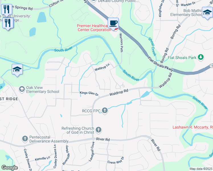 map of restaurants, bars, coffee shops, grocery stores, and more near 3490 Kingswood Trail in Decatur