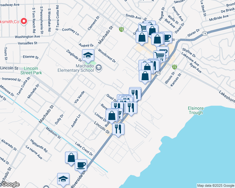 map of restaurants, bars, coffee shops, grocery stores, and more near 16473 Joy Street in Lake Elsinore