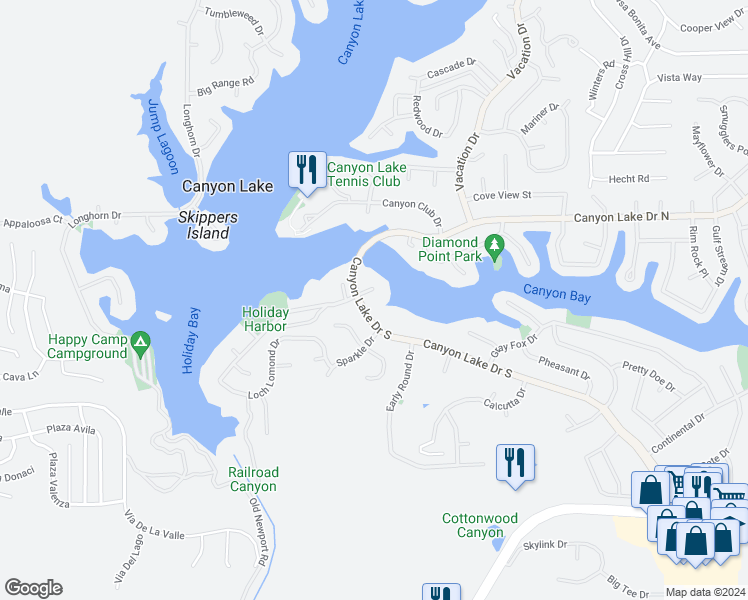 map of restaurants, bars, coffee shops, grocery stores, and more near 22461 Village Way Drive in Canyon Lake