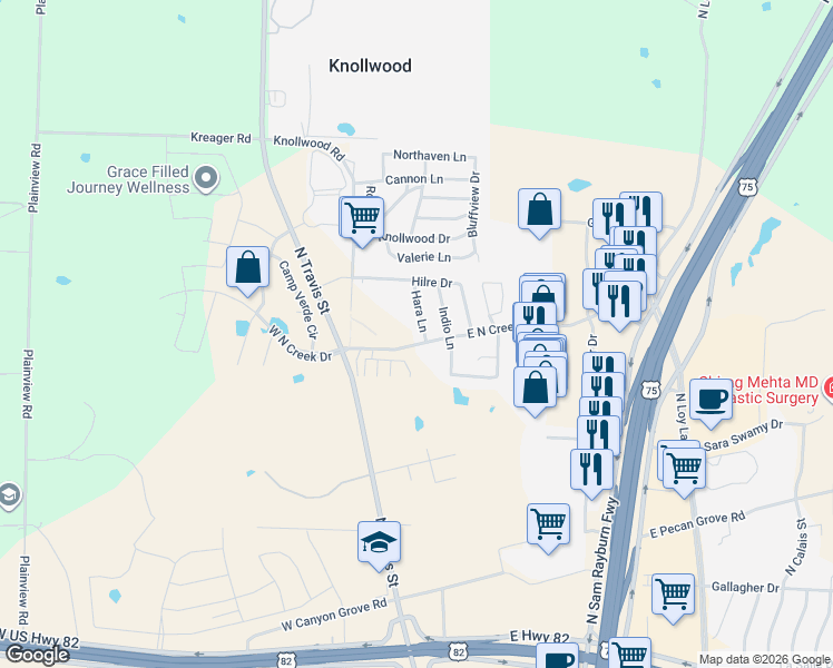 map of restaurants, bars, coffee shops, grocery stores, and more near 4804 Hara Lane in Sherman