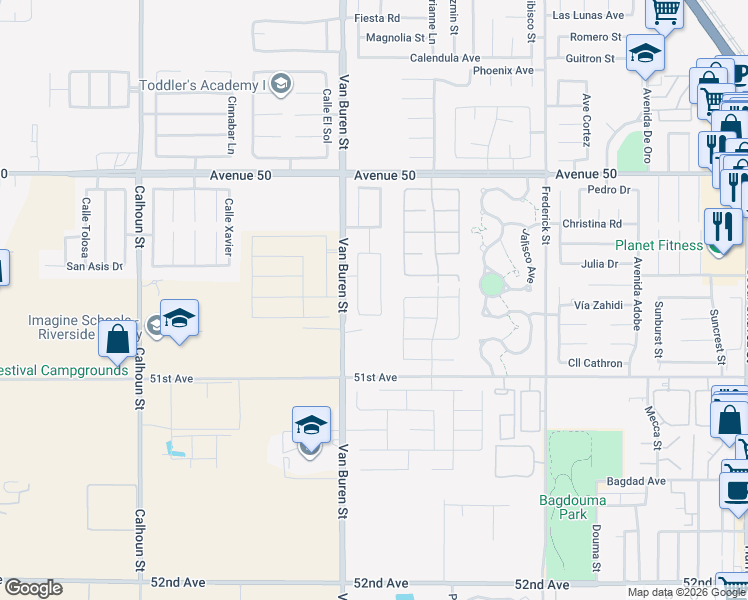 map of restaurants, bars, coffee shops, grocery stores, and more near 50271 Paseo Cadiz in Coachella