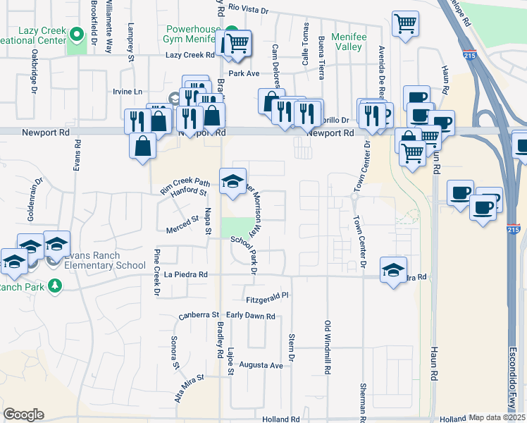 map of restaurants, bars, coffee shops, grocery stores, and more near 30262 Chester Morrison Way in Menifee