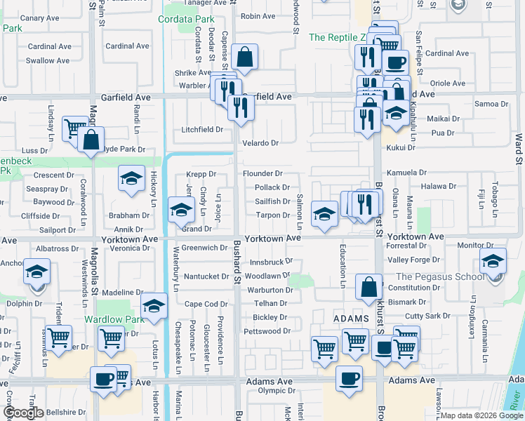 map of restaurants, bars, coffee shops, grocery stores, and more near 9561 Tarpon Drive in Huntington Beach