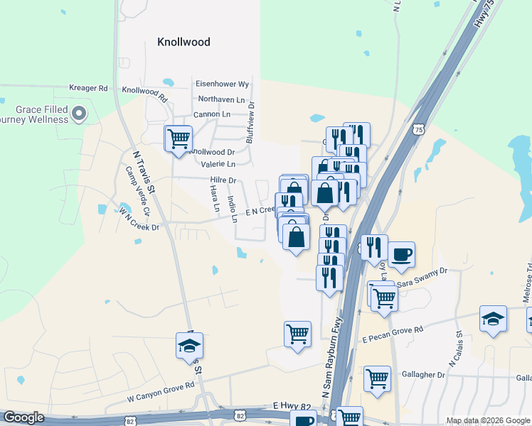 map of restaurants, bars, coffee shops, grocery stores, and more near 4182 Town Center Drive in Sherman