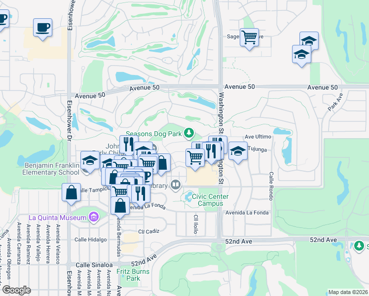 map of restaurants, bars, coffee shops, grocery stores, and more near 78310 Winter Cove Court in La Quinta