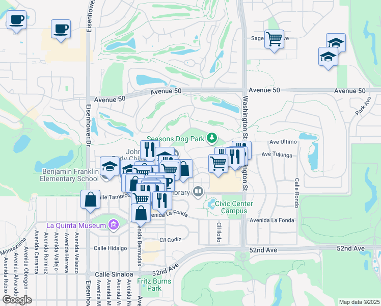 map of restaurants, bars, coffee shops, grocery stores, and more near 78215 Desert Fall Way in La Quinta