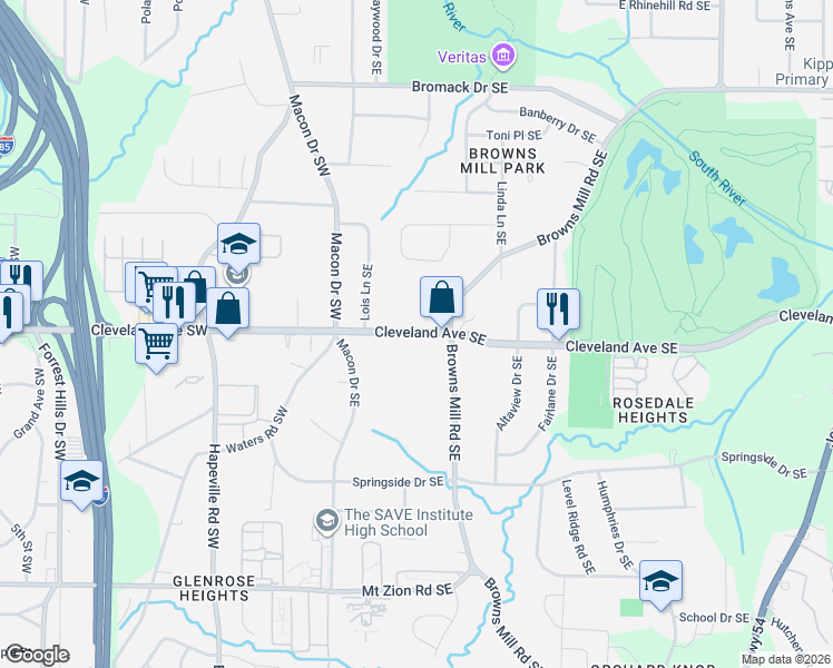 map of restaurants, bars, coffee shops, grocery stores, and more near 79 Cleveland Avenue Southeast in Atlanta