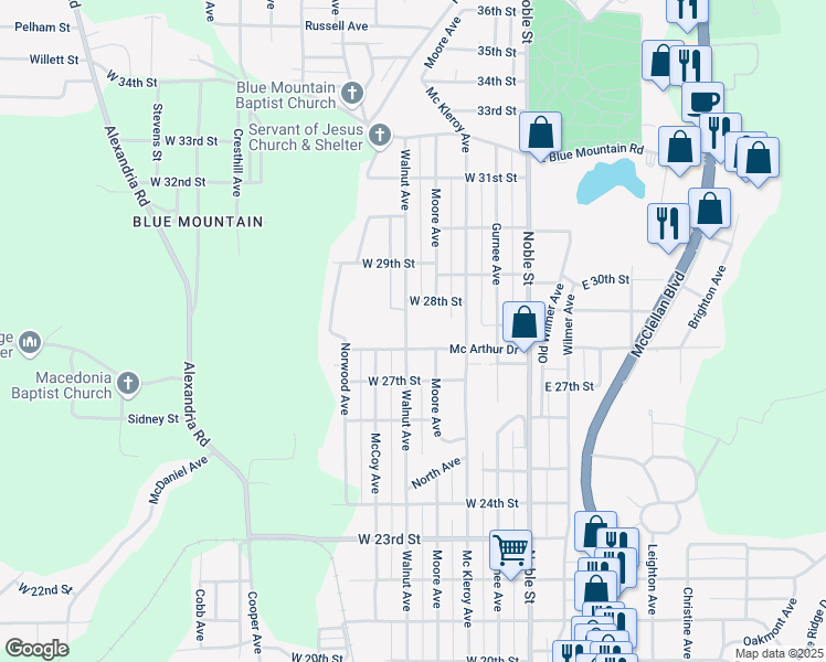 map of restaurants, bars, coffee shops, grocery stores, and more near 2807 Walnut Avenue in Anniston