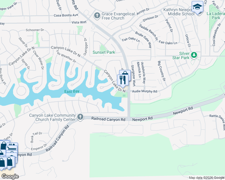 map of restaurants, bars, coffee shops, grocery stores, and more near 24311 Canyon Lake Drive North in Canyon Lake