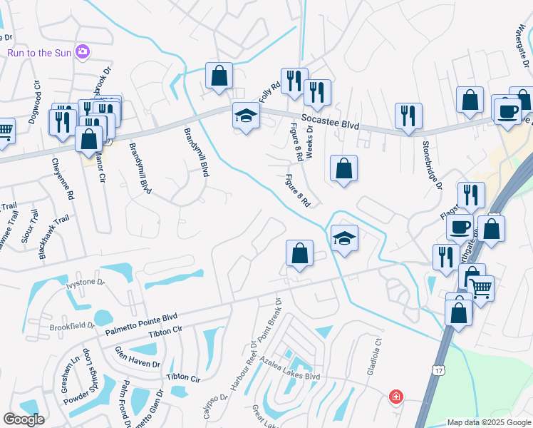 map of restaurants, bars, coffee shops, grocery stores, and more near 172 Olde Towne Way in Myrtle Beach