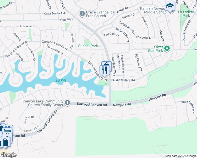 map of restaurants, bars, coffee shops, grocery stores, and more near 24311 Canyon Lake Drive North in Canyon Lake