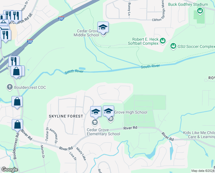 map of restaurants, bars, coffee shops, grocery stores, and more near 2310 Deer Springs Drive in Ellenwood