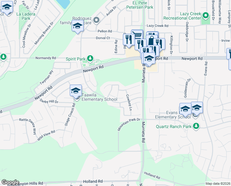 map of restaurants, bars, coffee shops, grocery stores, and more near 30283 Changing Wind Lane in Menifee