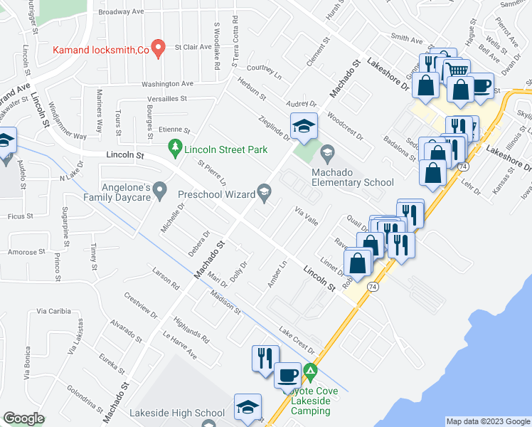 map of restaurants, bars, coffee shops, grocery stores, and more near 3680 Colonial Circle in Lake Elsinore