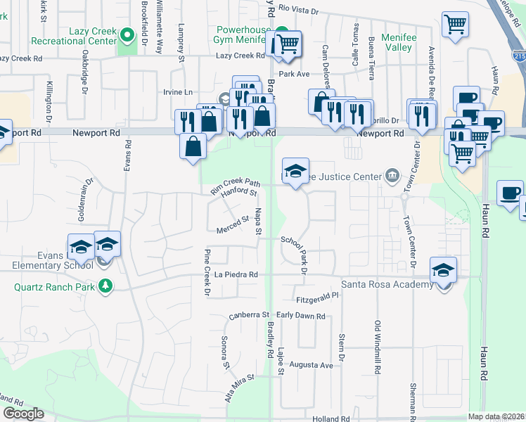 map of restaurants, bars, coffee shops, grocery stores, and more near 30222 Napa Street in Menifee
