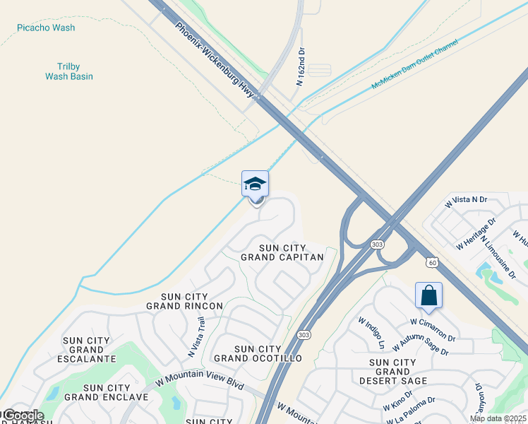 map of restaurants, bars, coffee shops, grocery stores, and more near 16451 West Salado Creek Drive in Surprise