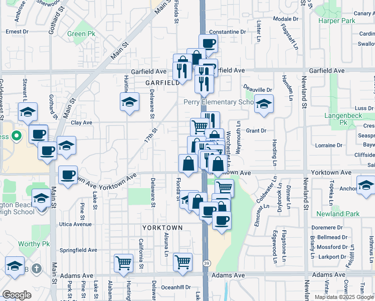 map of restaurants, bars, coffee shops, grocery stores, and more near 718 Williams Drive in Huntington Beach