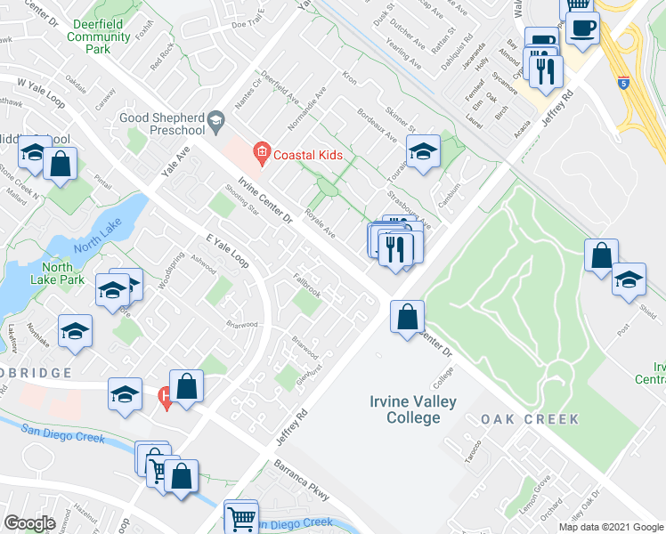map of restaurants, bars, coffee shops, grocery stores, and more near 57 Ashbrook in Irvine