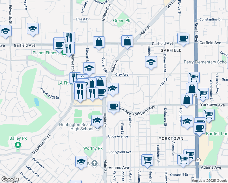 map of restaurants, bars, coffee shops, grocery stores, and more near 2130 Main Street in Huntington Beach