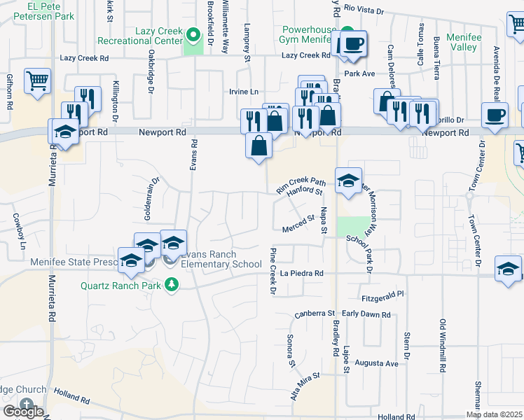 map of restaurants, bars, coffee shops, grocery stores, and more near 30302 Coralium Way in Menifee
