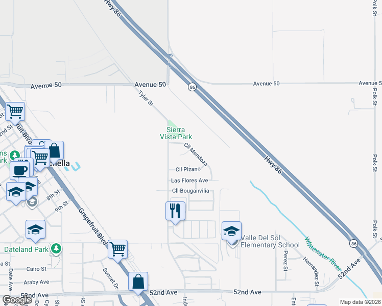 map of restaurants, bars, coffee shops, grocery stores, and more near 86101 Corte Olivia in Coachella