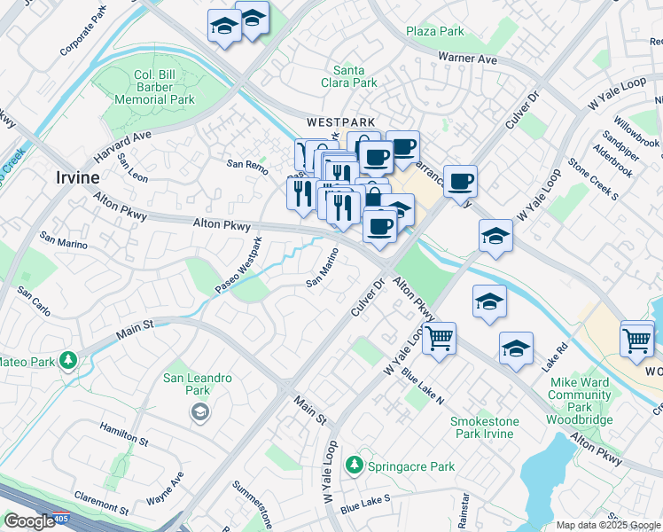 map of restaurants, bars, coffee shops, grocery stores, and more near 38 Montelegro in Irvine