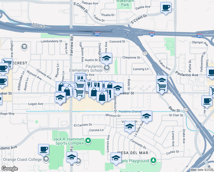 map of restaurants, bars, coffee shops, grocery stores, and more near 3017 Fillmore Way in Costa Mesa