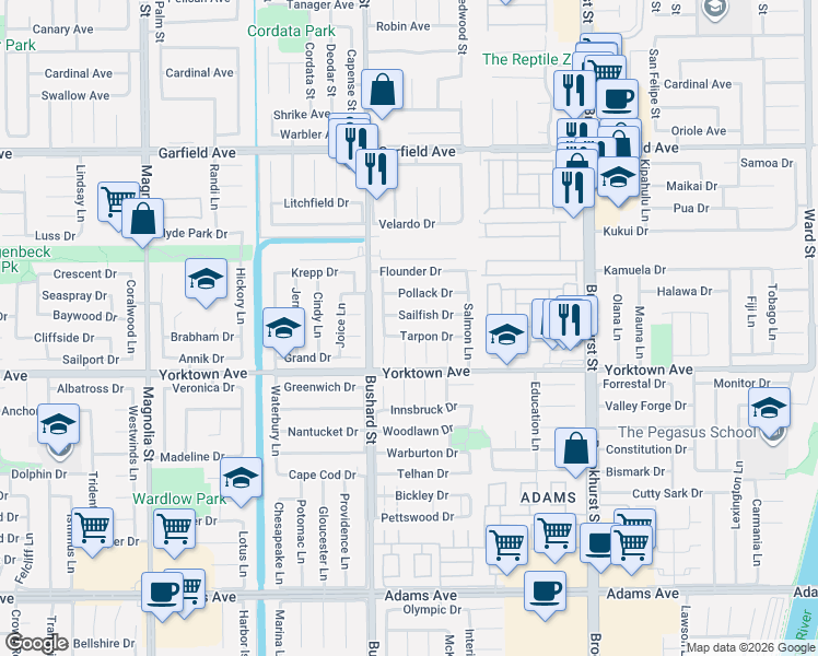 map of restaurants, bars, coffee shops, grocery stores, and more near 9561 Tarpon Drive in Huntington Beach