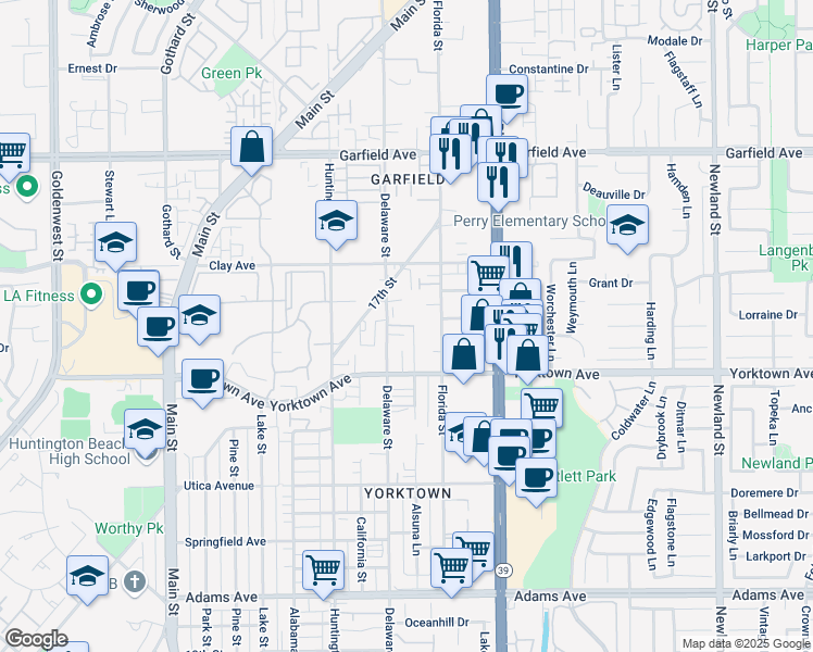 map of restaurants, bars, coffee shops, grocery stores, and more near 2628 Delaware Street in Huntington Beach