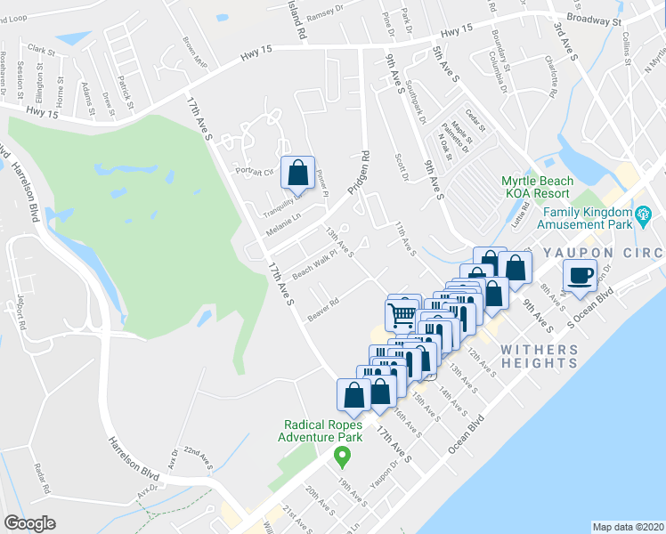 map of restaurants, bars, coffee shops, grocery stores, and more near 702 Beach Walk Place in Myrtle Beach