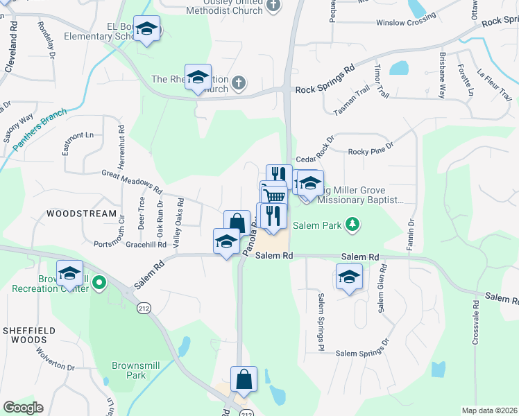 map of restaurants, bars, coffee shops, grocery stores, and more near Oaktree Lane in Stonecrest