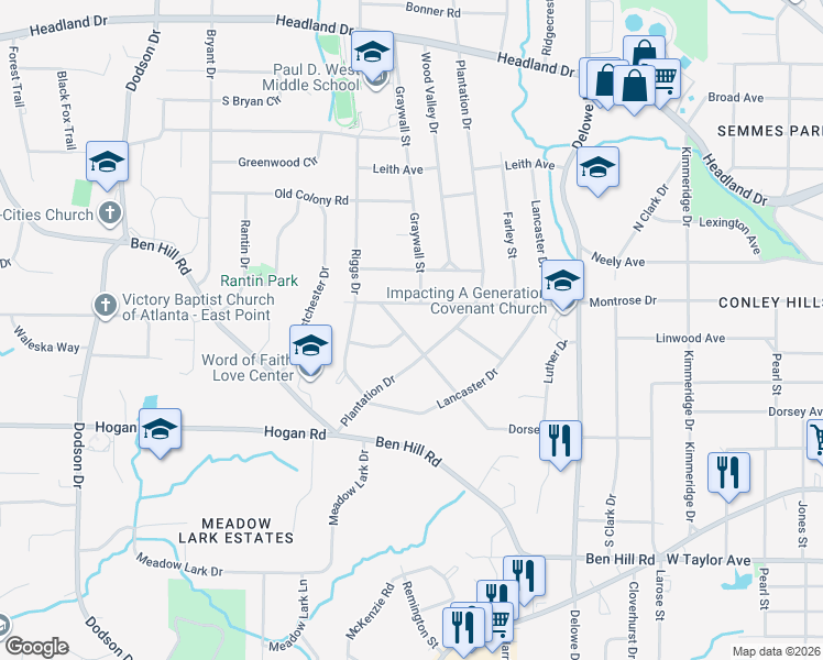 map of restaurants, bars, coffee shops, grocery stores, and more near 2303 Dorsey Avenue in East Point