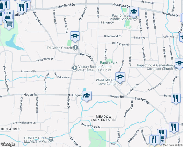 map of restaurants, bars, coffee shops, grocery stores, and more near 2585 McCoy Drive in East Point