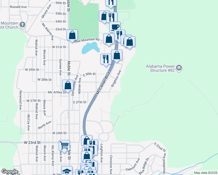 map of restaurants, bars, coffee shops, grocery stores, and more near 2816 Brighton Ave in Anniston