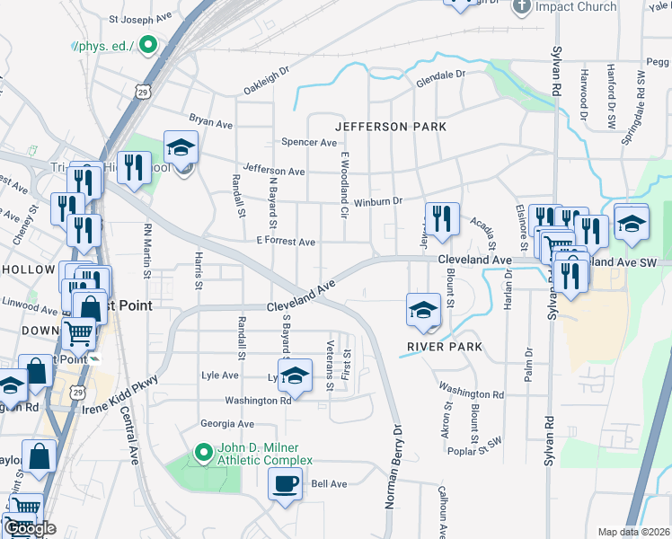 map of restaurants, bars, coffee shops, grocery stores, and more near 1223 Cleveland Avenue in East Point