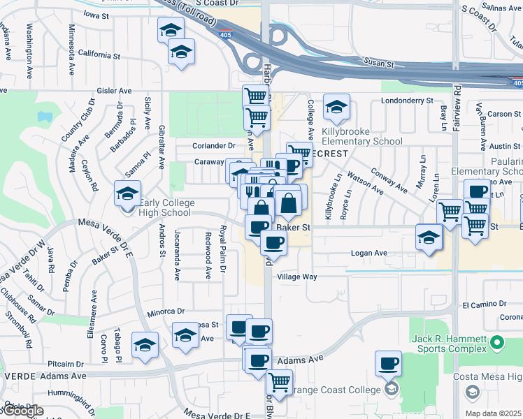 map of restaurants, bars, coffee shops, grocery stores, and more near 3011 Harbor Boulevard in Costa Mesa