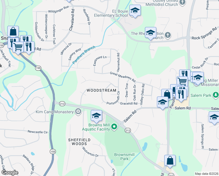 map of restaurants, bars, coffee shops, grocery stores, and more near 3401 Framingham Drive in Stonecrest