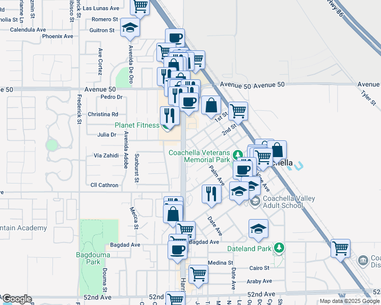 map of restaurants, bars, coffee shops, grocery stores, and more near 1355 2nd St in Coachella
