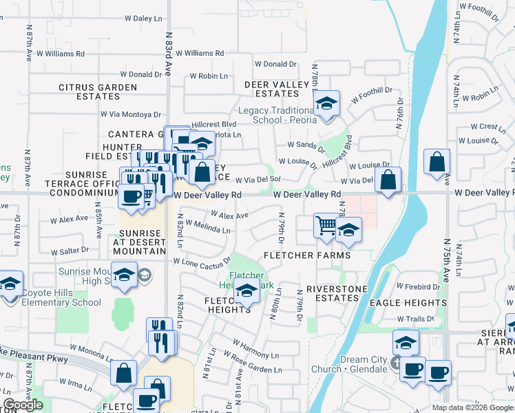 map of restaurants, bars, coffee shops, grocery stores, and more near 8016 West Alex Avenue in Peoria