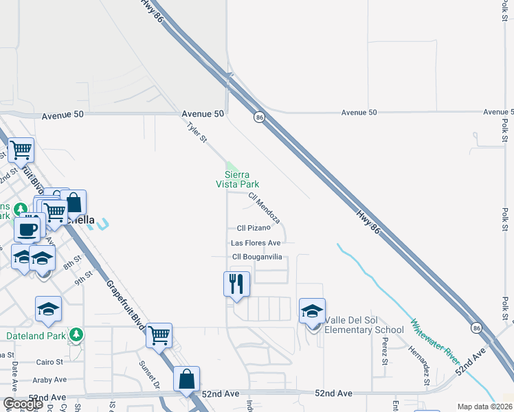 map of restaurants, bars, coffee shops, grocery stores, and more near 86101 Corte Olivia in Coachella