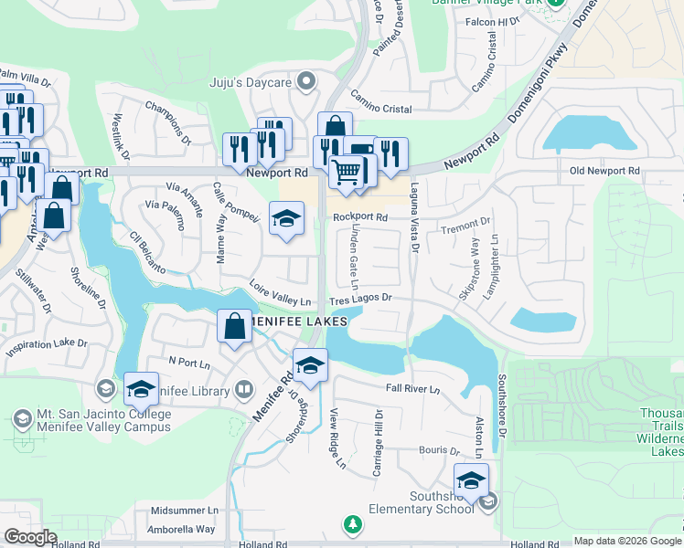 map of restaurants, bars, coffee shops, grocery stores, and more near 30272 Tattersail Way in Menifee