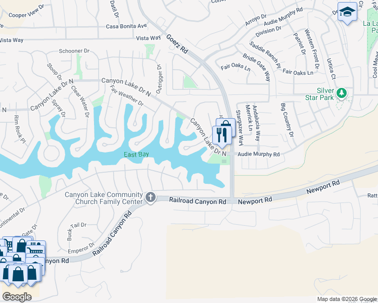 map of restaurants, bars, coffee shops, grocery stores, and more near 30374 Little Harbor Drive in Canyon Lake