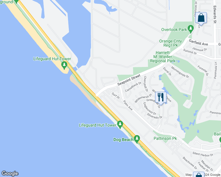 map of restaurants, bars, coffee shops, grocery stores, and more near 6241 Surfcove Circle in Huntington Beach