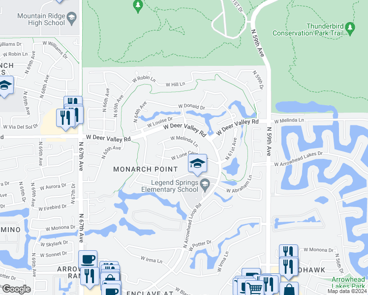 map of restaurants, bars, coffee shops, grocery stores, and more near 6296 West Abraham Lane in Glendale
