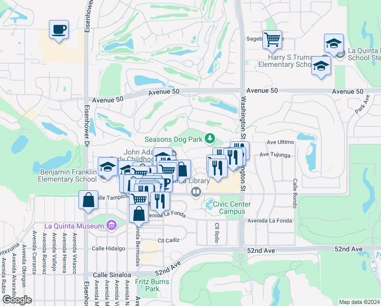 map of restaurants, bars, coffee shops, grocery stores, and more near 78225 Desert Fall Way in La Quinta