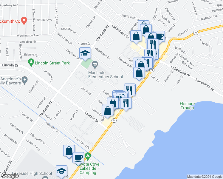 map of restaurants, bars, coffee shops, grocery stores, and more near 16459 Joy Street in Lake Elsinore