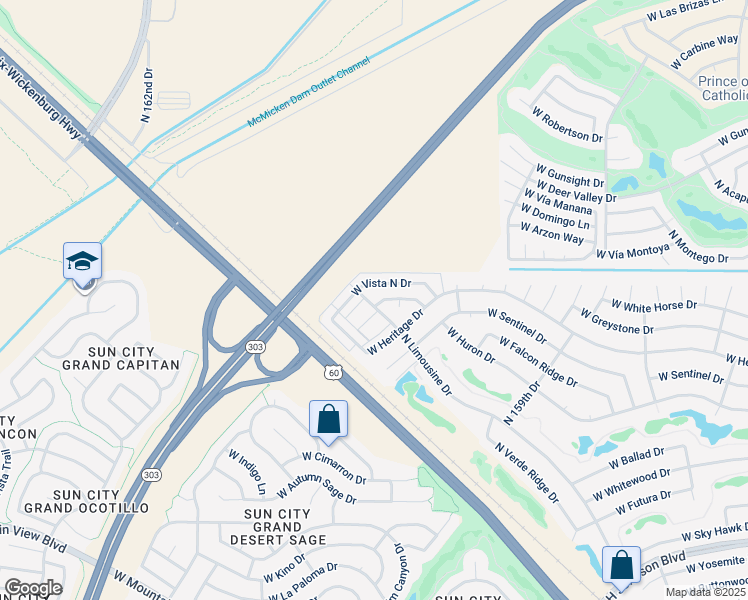 map of restaurants, bars, coffee shops, grocery stores, and more near 21765 North Limousine Drive in Sun City West