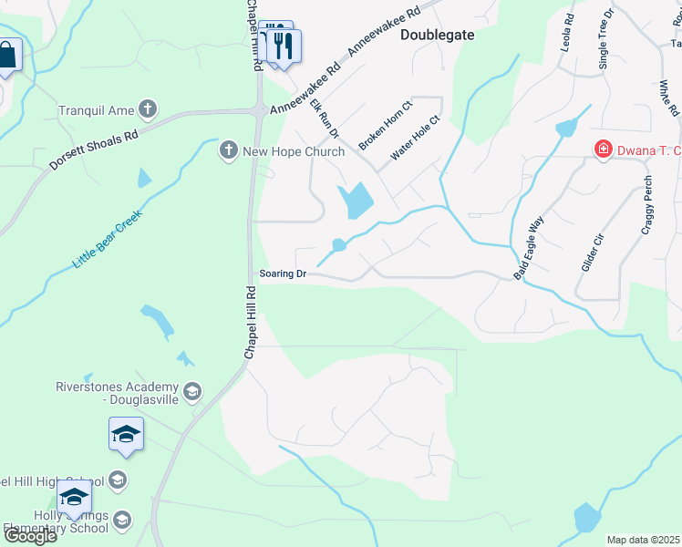 map of restaurants, bars, coffee shops, grocery stores, and more near 4160 Soaring Drive in Douglasville